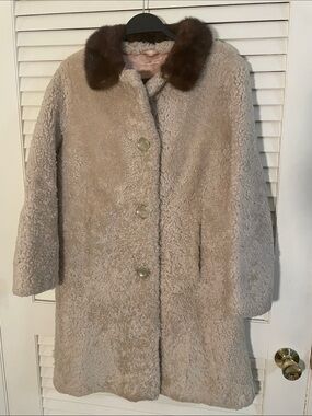 Vintage Ivory Shearling Teddy Jacket with Brown Fur Mink Collar